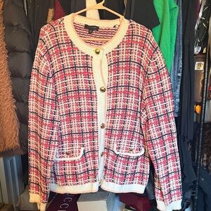 Anne Taylor Tweed Button-Up Cardigan Jacket in Pink, Navy & Cream